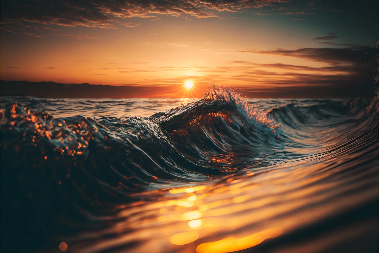 Sea of Endless waves with the sparkling reflection of the sun, golden hour, Canon RF 16mm f:2.8 STM Lens, hyperrealistic photography, style of unsplash and National Geographic